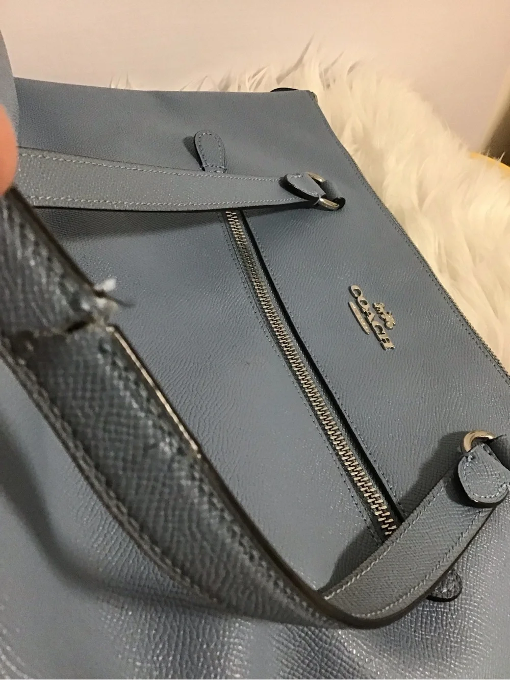 Coach Slate Blue Leather Zip-Top Tote can fit laptop 13”